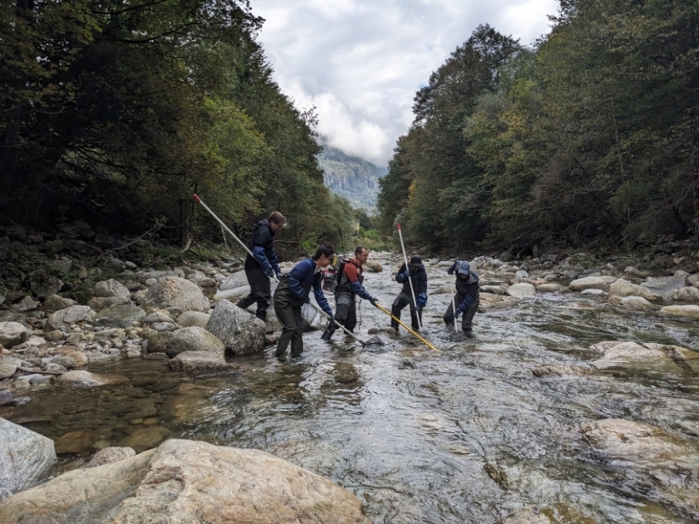 People standing in a stream.